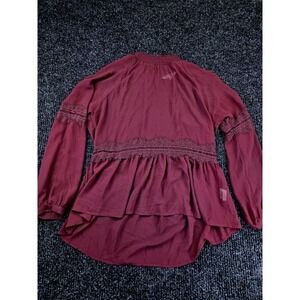 Jolt Womens Burgundy Smocked Neck Lace Trim High Low Peplum Blouse Large